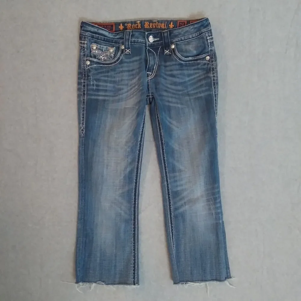 Rock Revival Jeans Womens 28 Blue Sora Boot Cutoff Raw Hem Bedazzled 22"